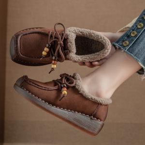 Beading Shoelaces Wool Lined Leather Wedge Boots