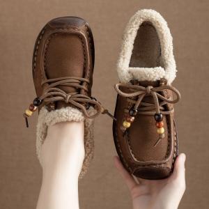 Beading Shoelaces Wool Lined Leather Wedge Boots