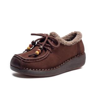 Beading Shoelaces Wool Lined Leather Wedge Boots