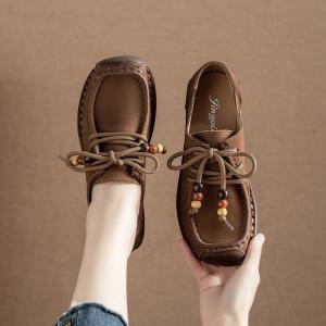 Boho Chic Beads Shoelace Leather Wedge Loafers