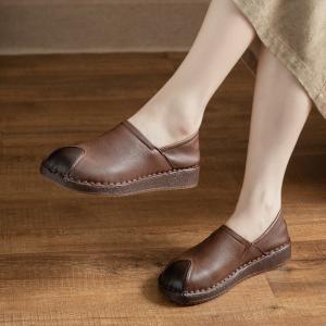 Leather Patchwork Round Toe Cowhide Granny Flats