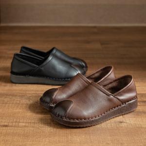 Leather Patchwork Round Toe Cowhide Granny Flats