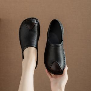Leather Patchwork Round Toe Cowhide Granny Flats