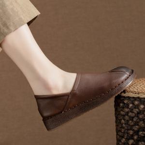 Leather Patchwork Round Toe Cowhide Granny Flats