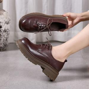Chunky Heels Leather British Style Loafer Shoes
