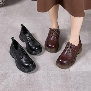 Chunky Heels Leather British Style Loafer Shoes