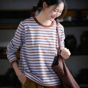 Coffee Striped Cotton Long Sleeves Sweatshirt