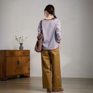 Coffee Striped Cotton Long Sleeves Sweatshirt