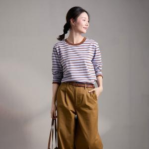 Coffee Striped Cotton Long Sleeves Sweatshirt