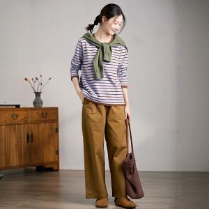 Coffee Striped Cotton Long Sleeves Sweatshirt