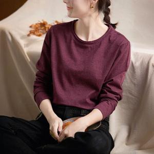 Crew Neck Long Sleeves Burgundy T-shirt