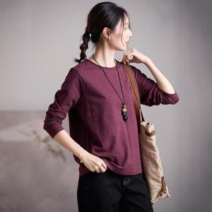 Crew Neck Long Sleeves Burgundy T-shirt