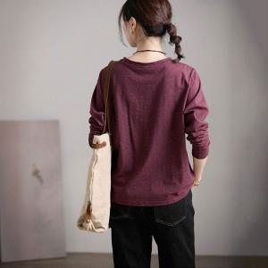 Crew Neck Long Sleeves Burgundy T-shirt