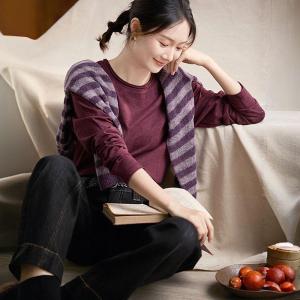 Crew Neck Long Sleeves Burgundy T-shirt