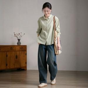 Stereo Dots Baby Green Cotton Ladies Plaid Shirt