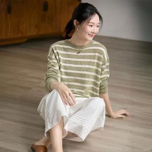 Chunky Green Striped Long Sleeves Oversized Sweater