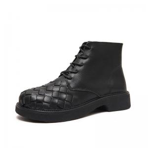 Chunky Heels Cowhide Tied Weave Boots