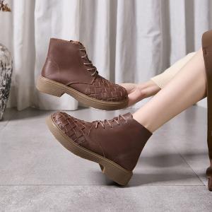 Chunky Heels Cowhide Tied Weave Boots