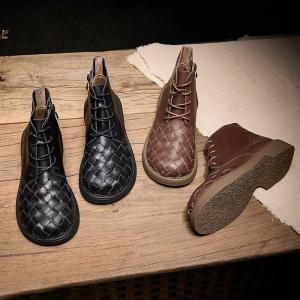 Chunky Heels Cowhide Tied Weave Boots