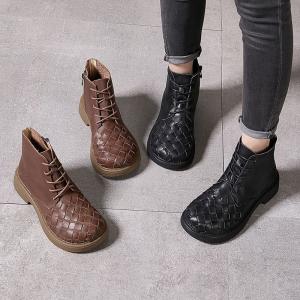 Chunky Heels Cowhide Tied Weave Boots