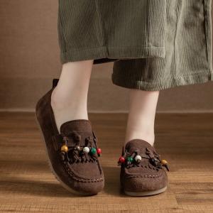 Suede Leather Beads Tassel Mom Slip-On Shoes