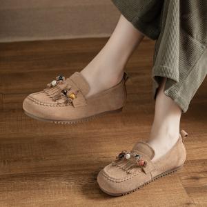 Suede Leather Beads Tassel Mom Slip-On Shoes