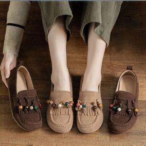 Suede Leather Beads Tassel Mom Slip-On Shoes