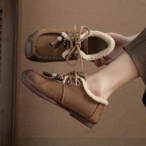 Winter Wool Lining Tied Beading Wide Toe Flats