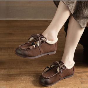 Winter Wool Lining Tied Beading Wide Toe Flats