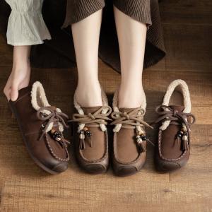 Winter Wool Lining Tied Beading Wide Toe Flats