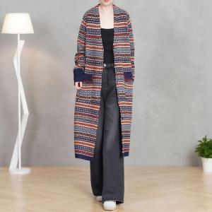 Ethnic Patterned Wool Blend V-Neck Cardigan Coat
