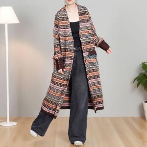 Ethnic Patterned Wool Blend V-Neck Cardigan Coat