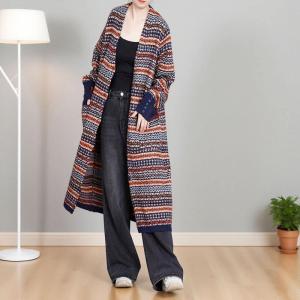 Ethnic Patterned Wool Blend V-Neck Cardigan Coat