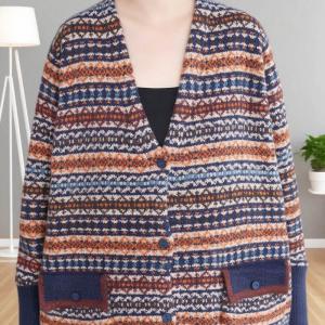 Ethnic Patterned Wool Blend V-Neck Cardigan Coat
