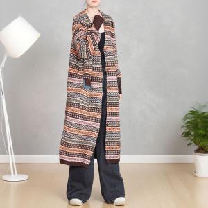 Ethnic Patterned Wool Blend V-Neck Cardigan Coat
