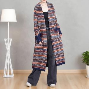 Ethnic Patterned Wool Blend V-Neck Cardigan Coat