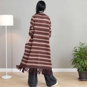 Fringed Edge Striped Midi Knitted Cardigan