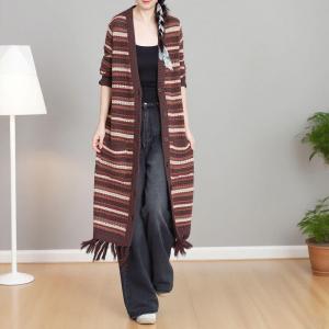 Fringed Edge Striped Midi Knitted Cardigan