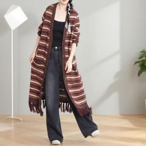 Fringed Edge Striped Midi Knitted Cardigan