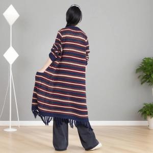 Fringed Edge Striped Midi Knitted Cardigan