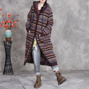 Winter Colorful Stripes Knitted Hooded Coat