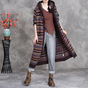 Winter Colorful Stripes Knitted Hooded Coat