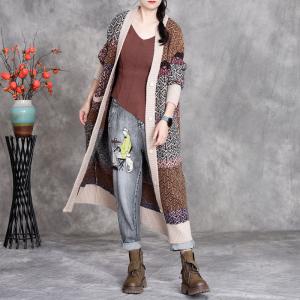 Loose-Fit Printed Mid-Calf Cardigan Coat