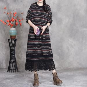 Crochet Lace Hem Long Sleeves Knitted Dress
