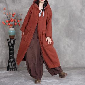 Cotton Linen Plus Size Hooded Fleeced Coat
