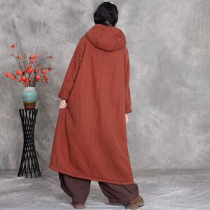 Cotton Linen Plus Size Hooded Fleeced Coat