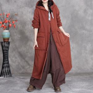 Cotton Linen Plus Size Hooded Fleeced Coat