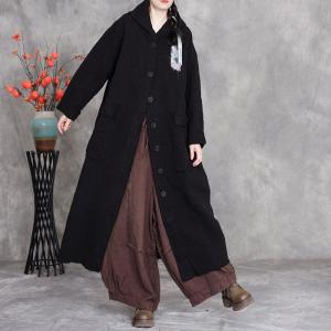 Big Flap Pocket Cotton Linen Hooded Coat