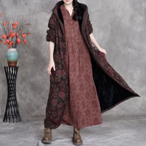 Fleeced Lining Flowers Patterned Hooded Winter Coat