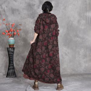 Fleeced Lining Flowers Patterned Hooded Winter Coat